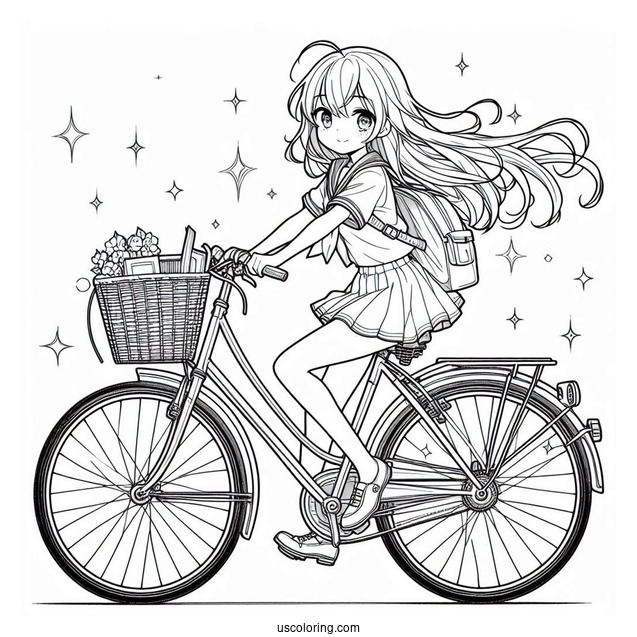 Anime Girl Riding Bicycle Coloring Page