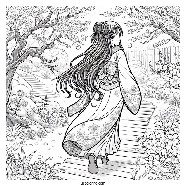 Nezuko Coloring Page Walking In Garden With Cherry Blossoms