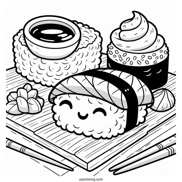 Sushi Coloring Pages Smiling Nigiri With Soy Sauce And Wasabi On A Board For Kids