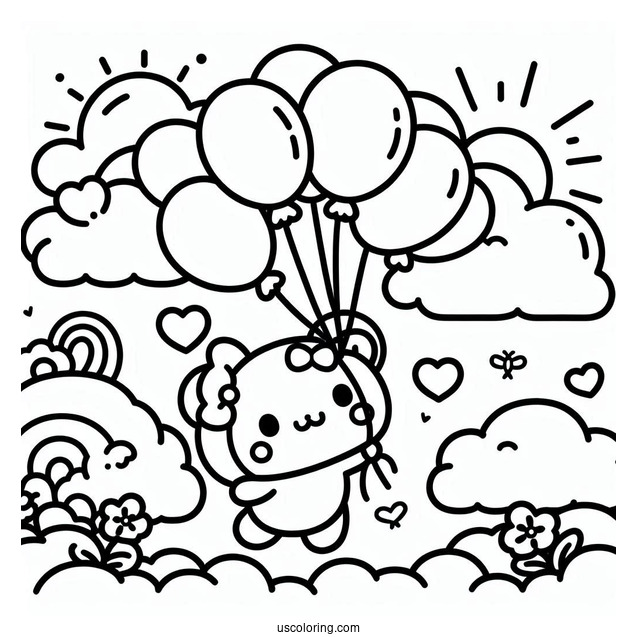 Sanrio Coloring Pages Of Cinnamoroll Holding Balloons In The Clouds