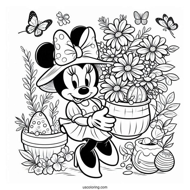 Minnie Mouse Carrying Spring Coloring Page Flower Pot