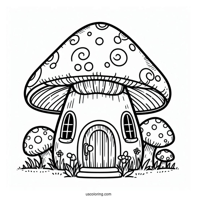 Adorable Mushroom Coloring Page House For Kids