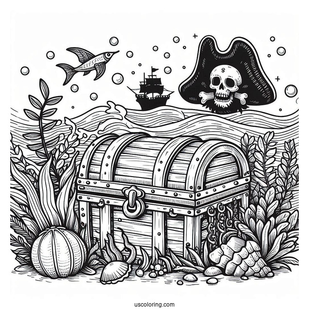 Pirate Coloring Page Treasure Chest Underwater