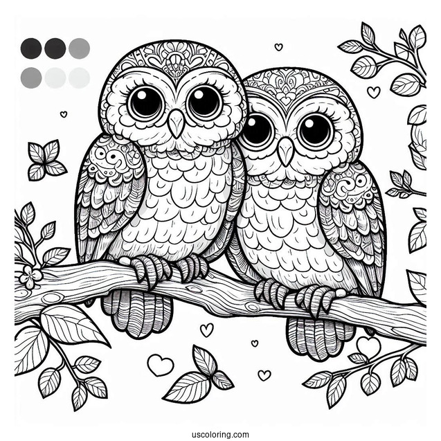 Cute Coloring Page Realistic Owls Perched On A Tree Branch