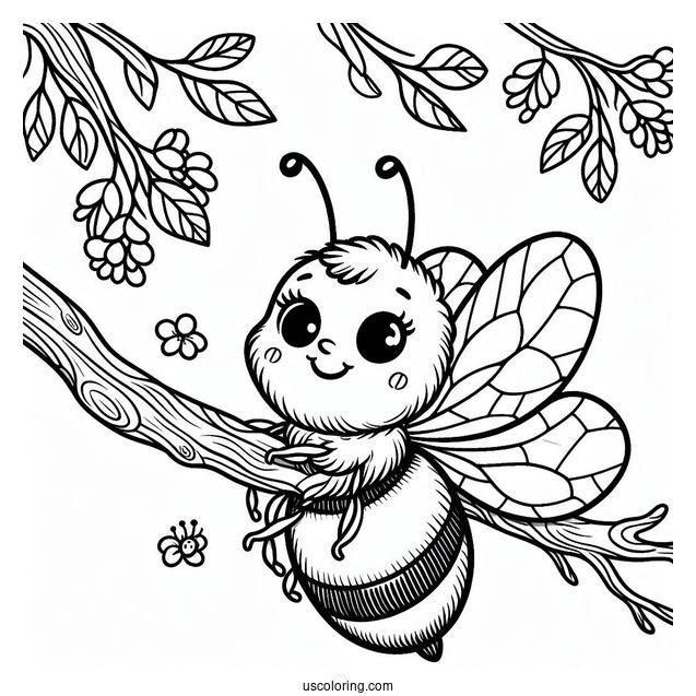 Bee Coloring Page Hanging Off A Tree Branch