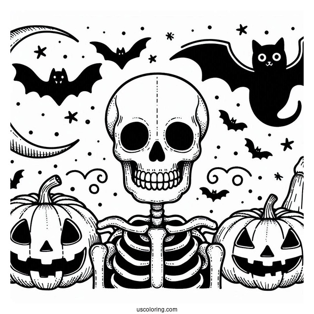 Skeleton Coloring Page Of Jack O Lantern With Ghost And Bat