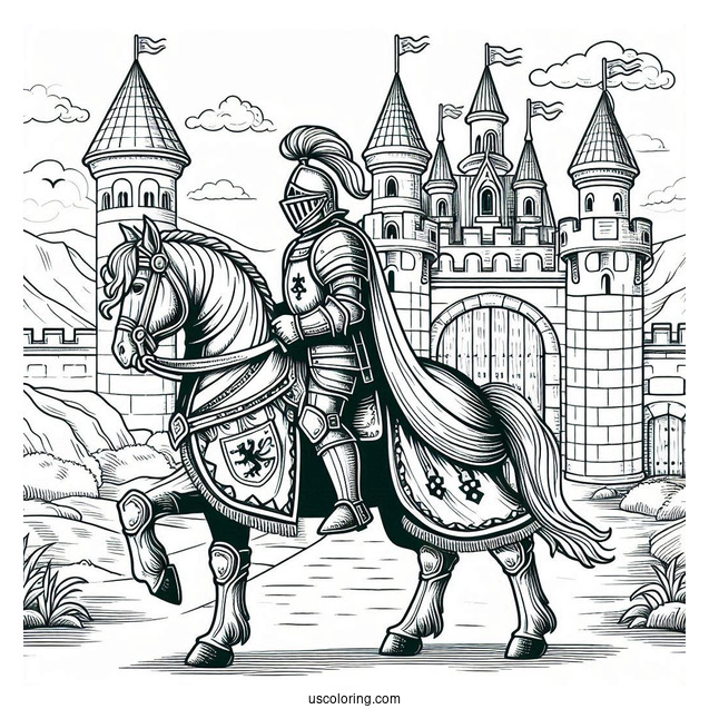 Knight On A Horse Leaving Castle Coloring Sheet