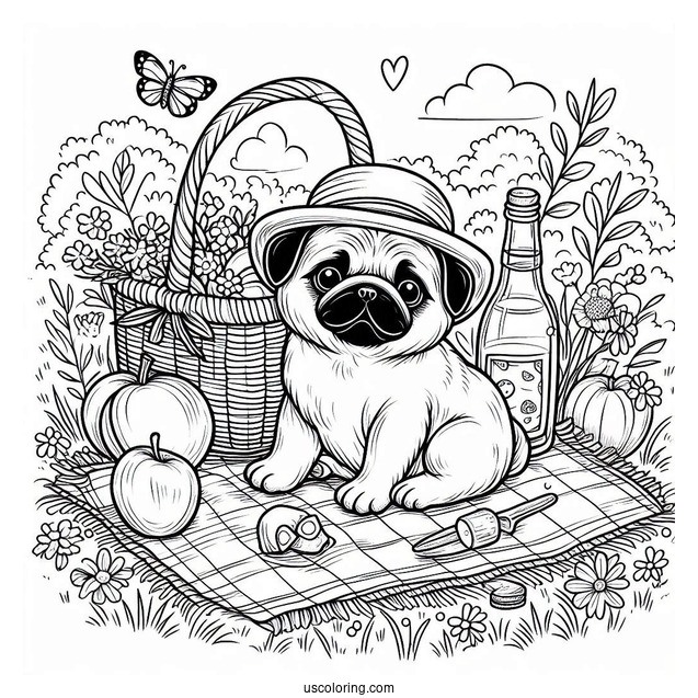 Peaceful Picnic with Pug Coloring Page Of Puppy