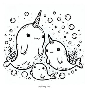 Mama And Baby Narwhal Coloring Page Surrounded By Bubbles