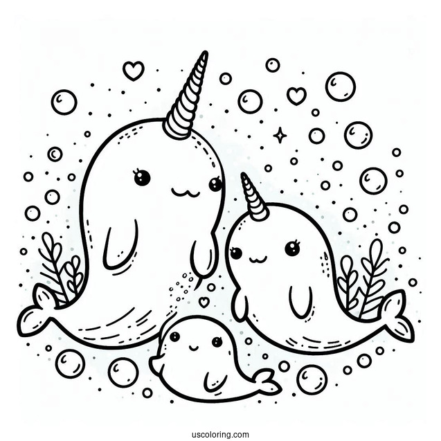 Mama And Baby Narwhal Coloring Page Surrounded By Bubbles