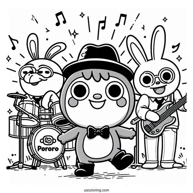 Pororo Coloring Page Playing In A Band With Harry, Crong, Eddy, And Poby