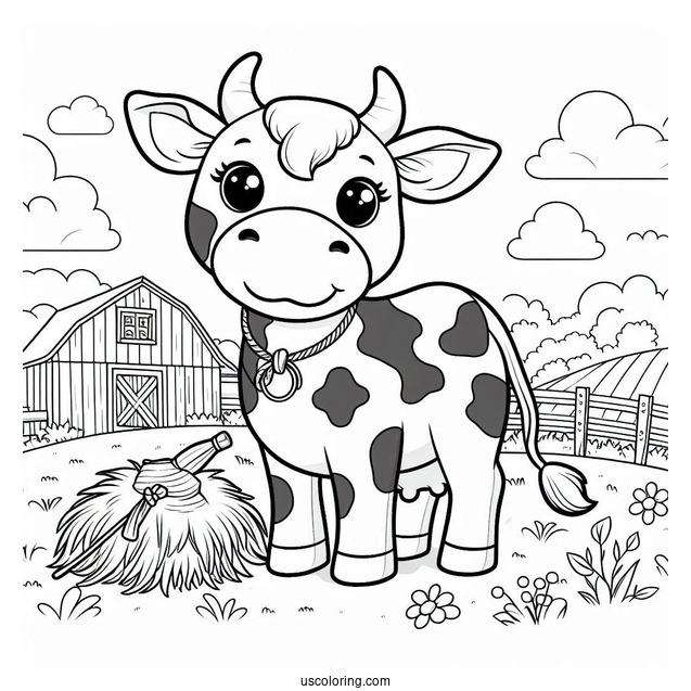 Coloring Sheet Of Cow On a Farm