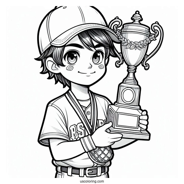 Young Baseball Coloring Page Of Champion Holding Trophy For Kids