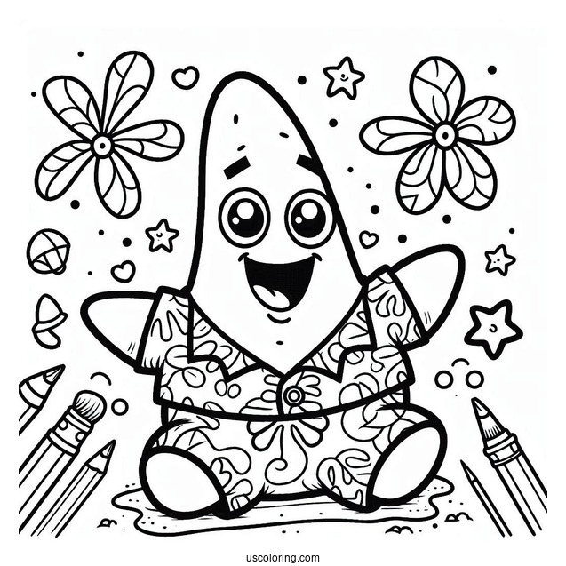 Cute Patrick Star Coloring Page In Hawaiian Shirt For Kids