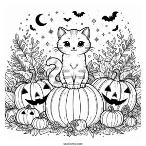 Pumpkin Coloring Page Of Cat Surrounded By Jack O Lanterns
