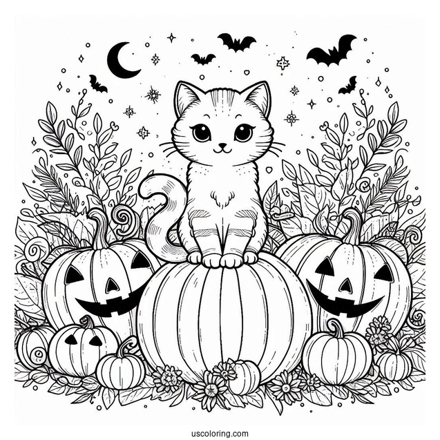 Pumpkin Coloring Page Of Cat Surrounded By Jack O Lanterns