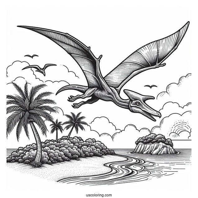 Detailed Pterodactyl Coloring Page Flying Over Island
