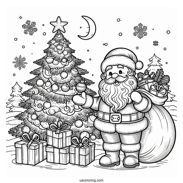 Santa With Sack Of Presents Next To Christmas Tree