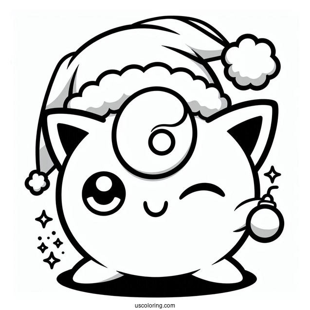 Pokemon Christmas Coloring Page Winking Jigglypuff Wearing Santa Hat For Kids