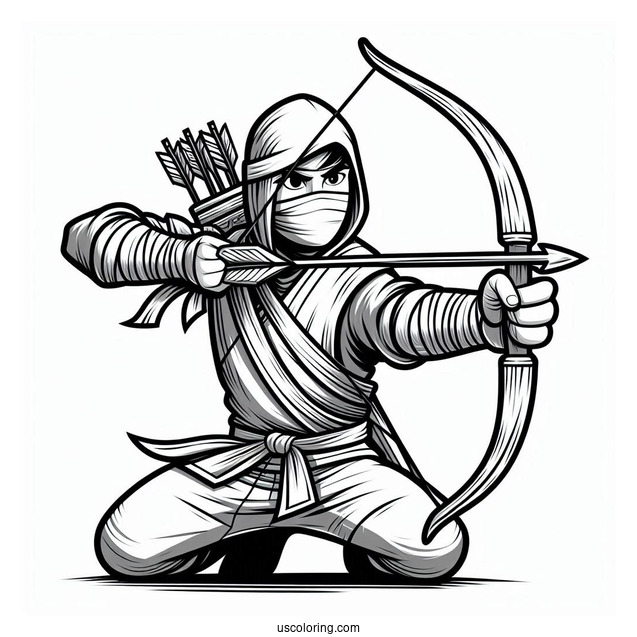 Ninja Shooting An Arrow Coloring Sheet For Kids