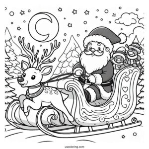 Santa In His Sleigh With Rudolph To Color