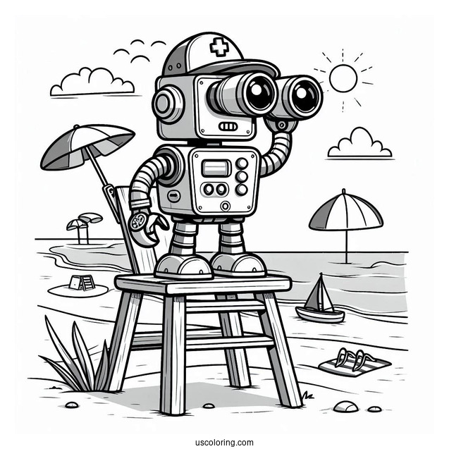 Robot Lifeguard With Binoculars At The Beach