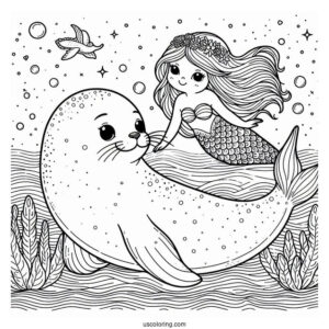 Seal Coloring Page Swimming With A Mermaid