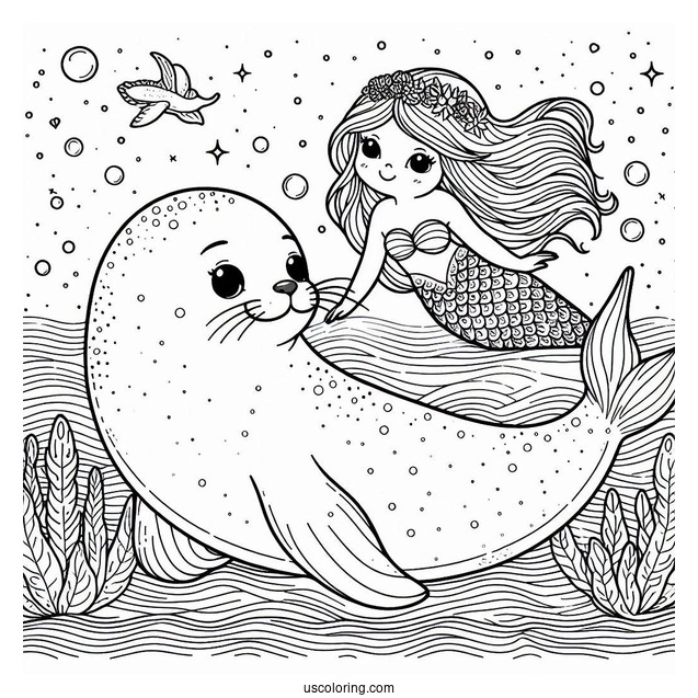 Seal Coloring Page Swimming With A Mermaid