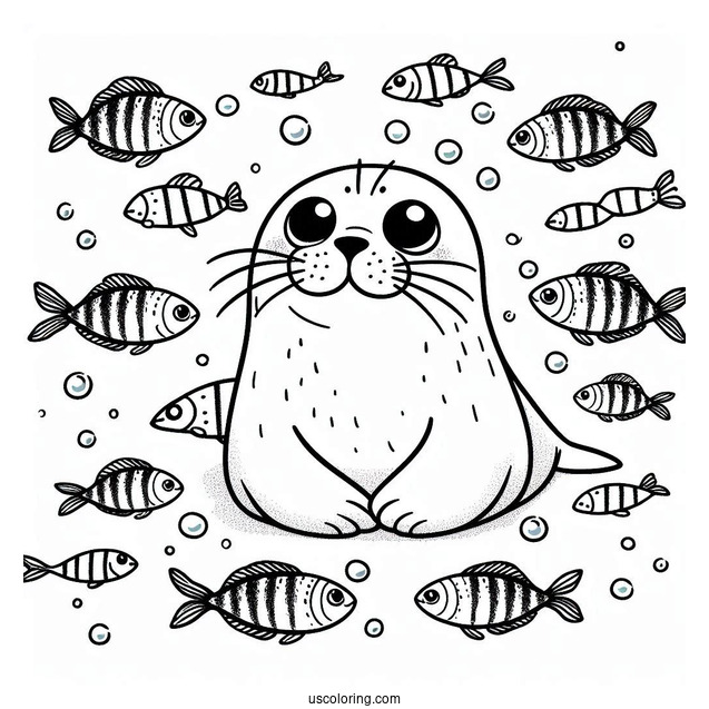 Simple Seal Coloring Page Surrounded By Fish
