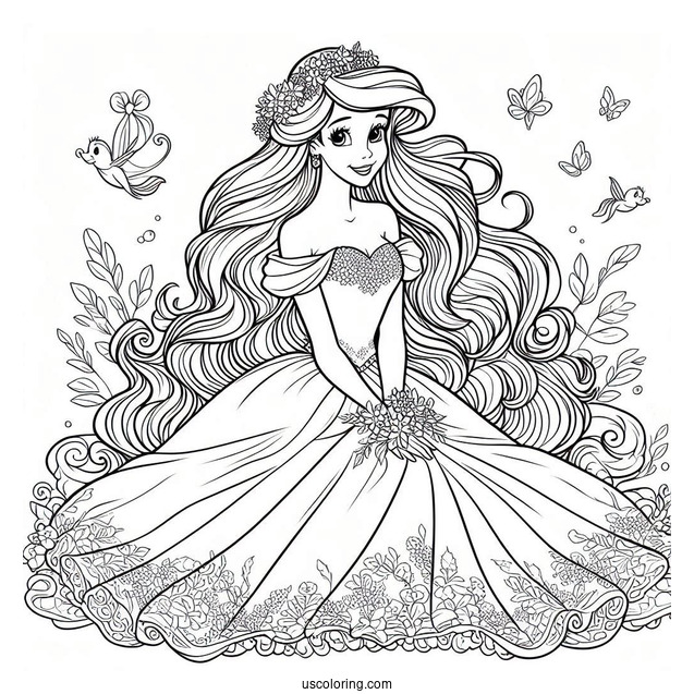 Pretty Ariel In Gown Coloring Sheet