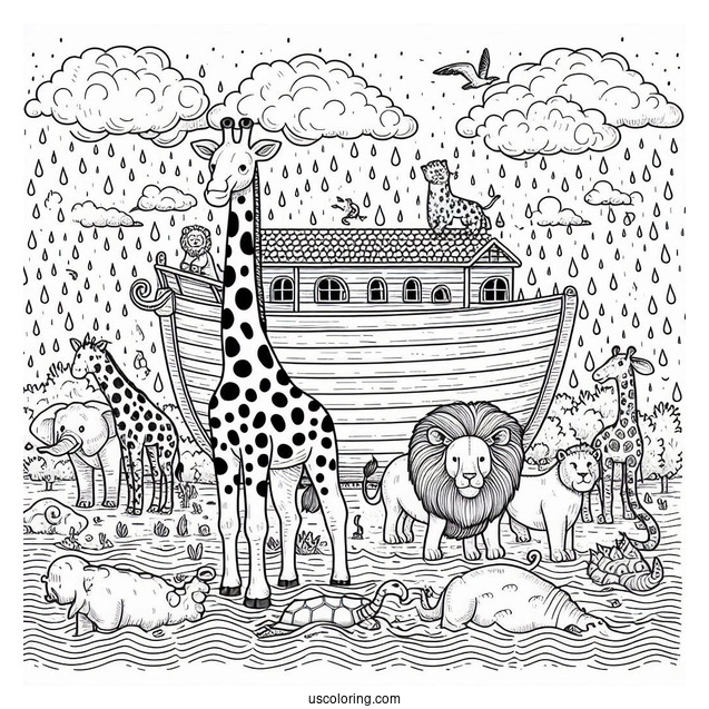 Noah's Ark Coloring Page Of Detailed Giraffe, Hippo, Snake, Lion, And Other Animals At Sea
