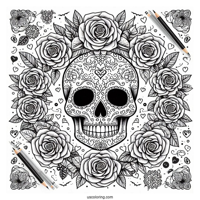 Sugar Skulls Coloring Page Inside A Rose Wreath