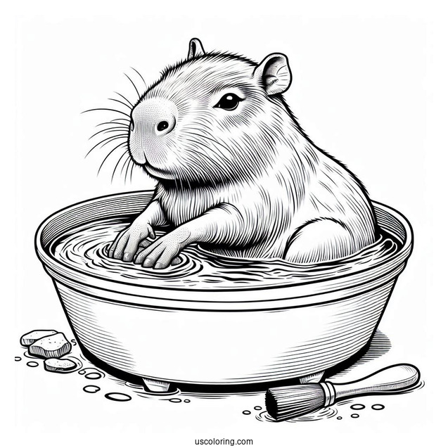 Realistic Capybara Coloring Page Taking A Bath