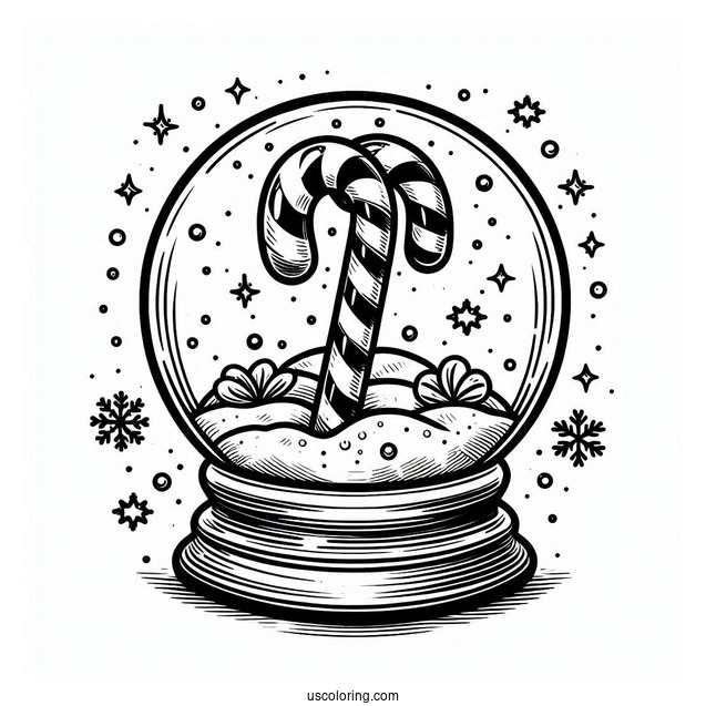Candy Cane Coloring Page In A Snow Globe