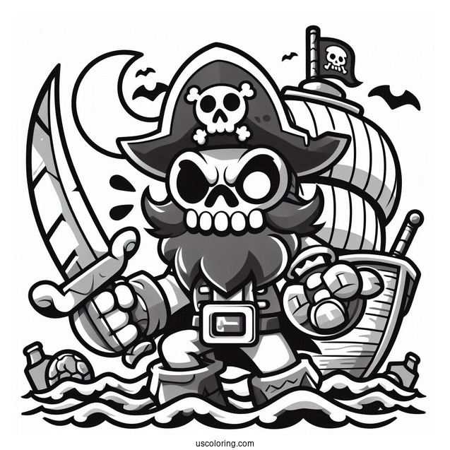Brawl Stars Coloring Page Of Scary Cursed Pirate Holding Sword On Ship