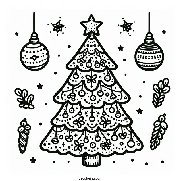 Simple Outline Of a Christmas Tree With Decorations