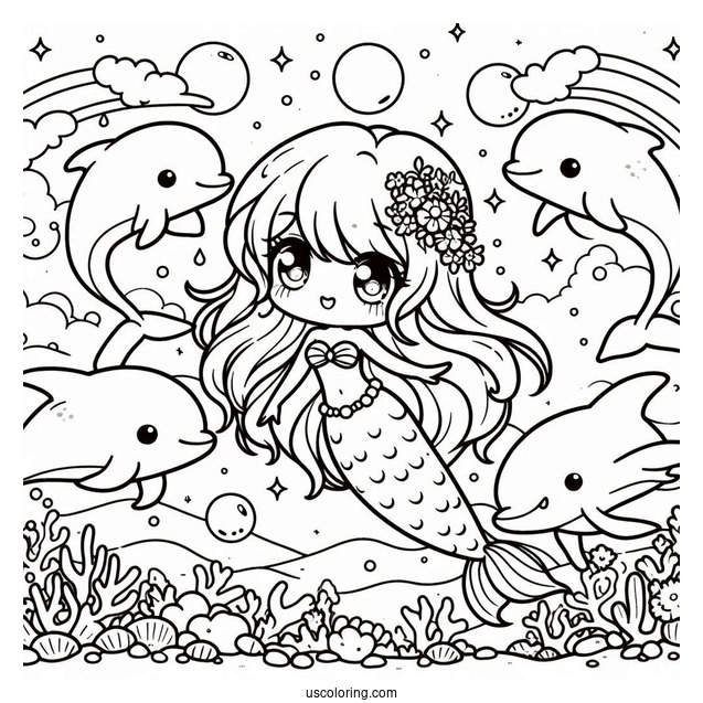 Magical Chibi Coloring Page Mermaid Swimming with Dolphins Under the Sea