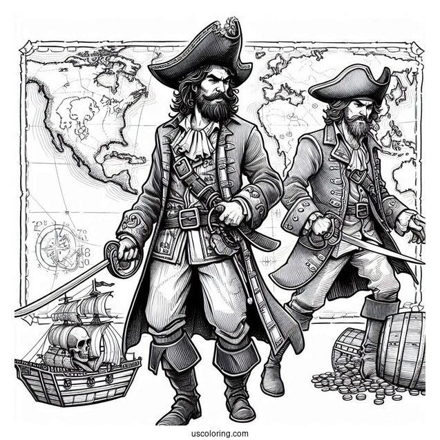 Realistic Pirate Coloring Page Map