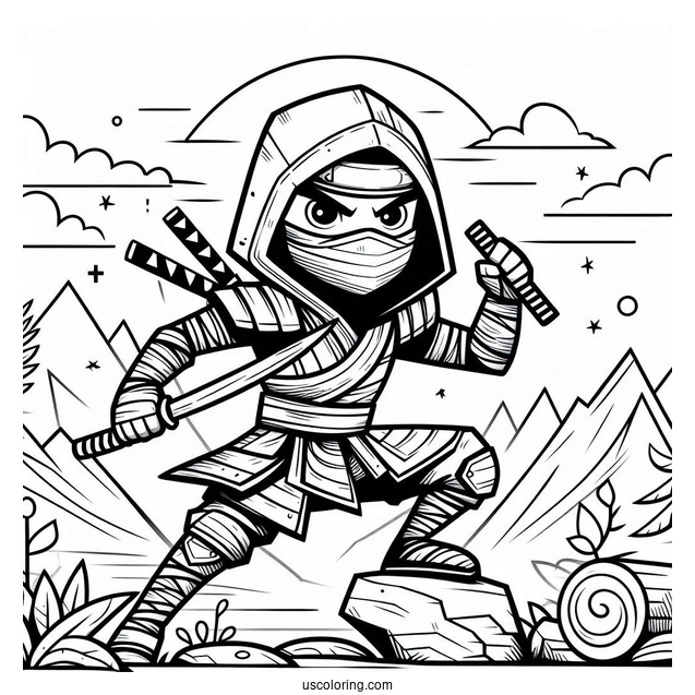 Fierce Ninja In The Mountains Coloring sheet