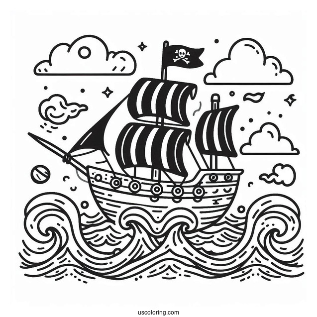 Easy Cute Pirate Ship Coloring Page With Waves For Preschoolers