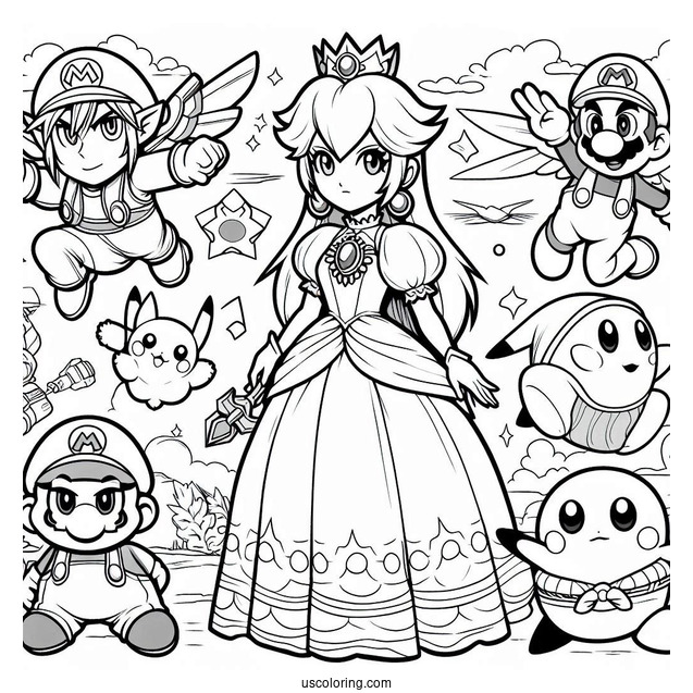 Super Smash Bros Coloring Page Of Princess Peach, Mega Man, Zelda, Samus, Mario, Kirby, Pikachu, And Ness