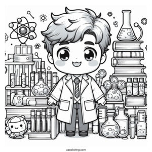 Science Coloring Page Of Chibi Scientist Surrounded By Books And Test Tubes