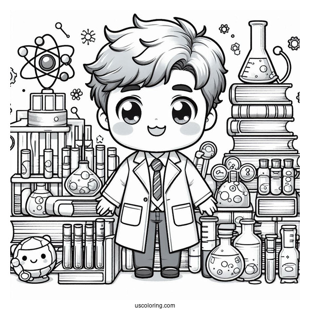 Science Coloring Page Of Chibi Scientist Surrounded By Books And Test Tubes