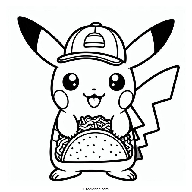 Easy Pikachu Holding A Taco Coloring Sheet For Kids