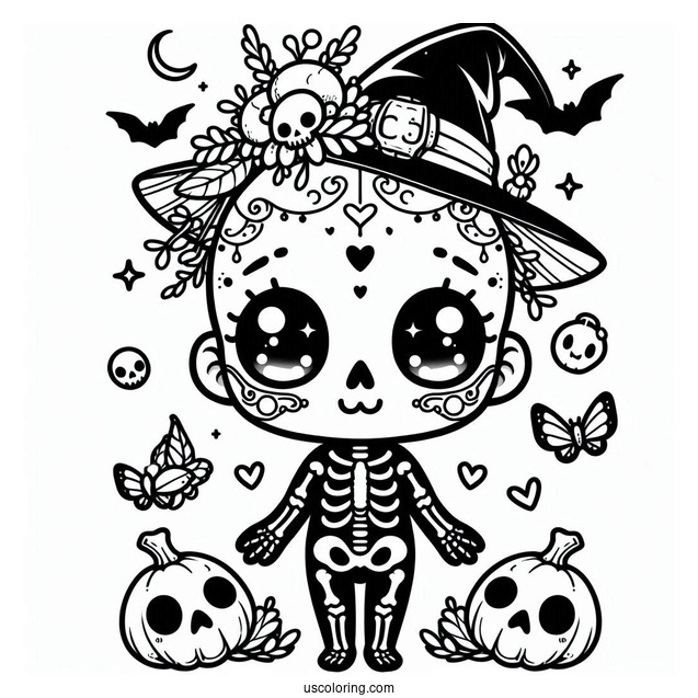 Spooky Chibi Skeleton Coloring Page In Halloween