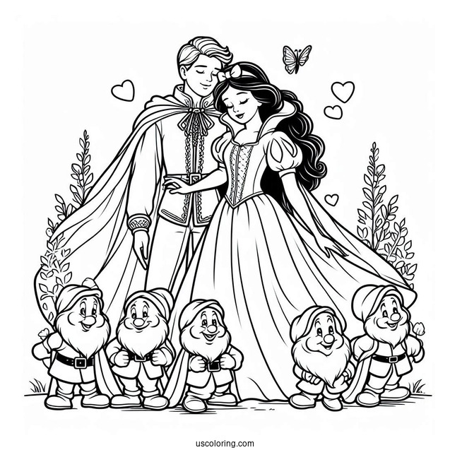 Snow White, The Prince, And Seven Dwarfs To Color