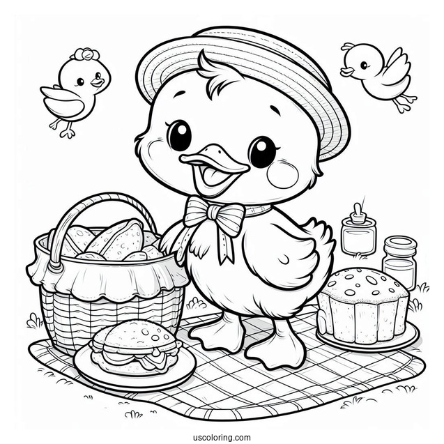 Duckling with Picnic Basket and Food Coloring Sheet For Preschoolers