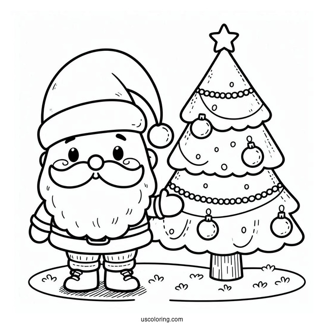 Santa Claus With Christmas Tree Coloring Page