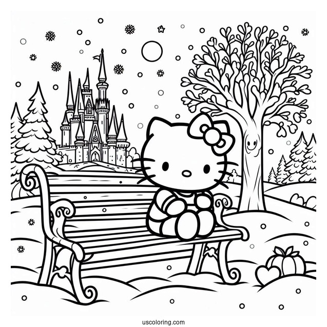 Hello Kitty Sitting On A Bench With Snow White Coloring Pages