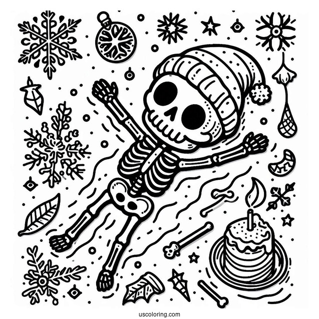 Skeleton Coloring Page Making Snow Angel On Christmas